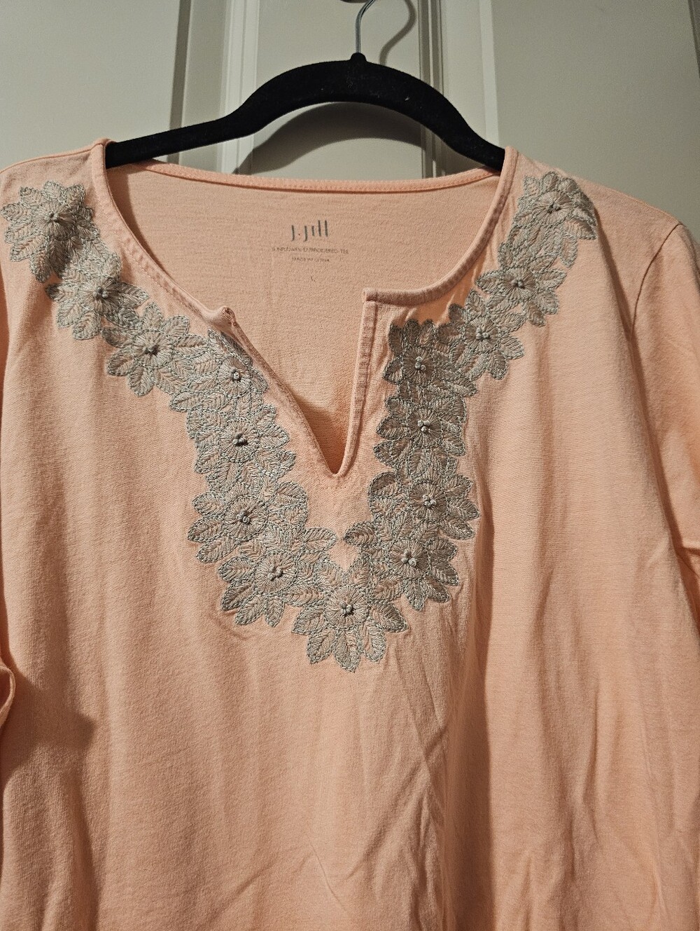 J. Jill Shirt Top Blouse Pullover Women's L V-Neck Peach Cotton Embroidered - Picture 2 of 6
